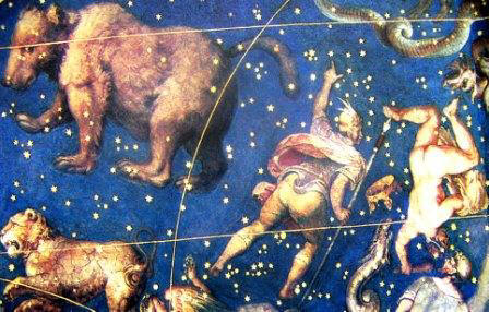 Подвиги Геракла - Обратите внимание. Геракл на картине звездного неба  на коленях,  вверх ногами, уязвлен копьем эллина. Греческий ли он герой?! Картина с картой звездного небы и персонажами созвездий на ней